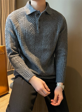 复古加厚保暖提花纹理翻领毛衣纯色男士休闲落肩款套头针织POLO衫