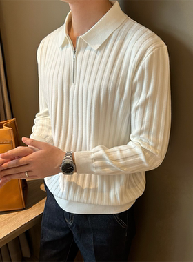 NR先生简约宽松韩版纯色翻领针织衫条纹半拉链慵懒风男毛衣polo衫
