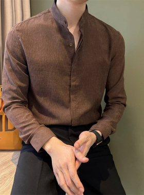 NR先生复古做旧暗扣设计弹力男衬衫新中式纯色修身立领长袖衬衣潮