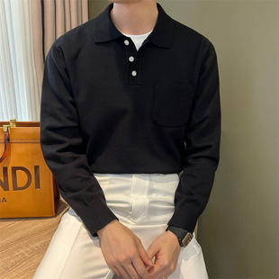套头针织男polo衫 NR先生简约纯色休闲带口袋翻领毛衣轻奢扣式 长袖