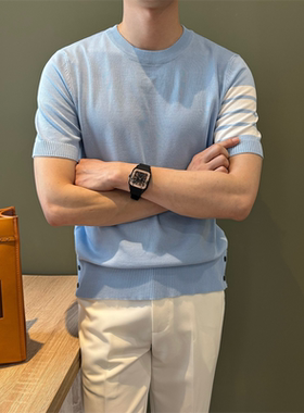 NR先生夏季短袖体恤男女同款针织衫纯色冰丝圆领四条杠撞色潮男t