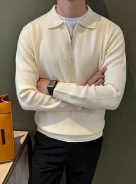 NR先生老钱风亲肤半拉链休闲男针织纯色长袖打底翻领polo毛衣秋冬