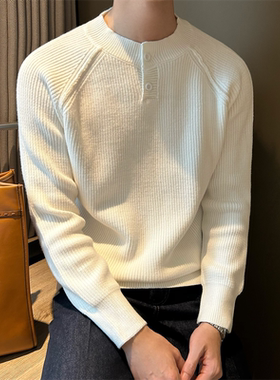 NR先生韩版秋冬纯色厚款落肩男针织衫宽松提花流苏亨利领打底毛衣