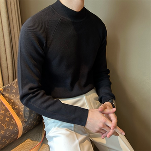 打底线针织衫 保暖简约款 流苏中领黑色毛衣男英伦修身 NR先生插肩袖