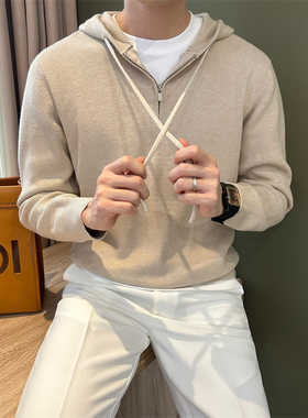NR先生休闲杏色落肩针织连帽卫衣男半拉链松弛感简约百搭套头毛衣