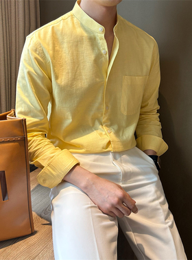 NR先生新中式立领棉麻休闲衬衫轻熟高级感长袖纯色立领衬衣男上衣
