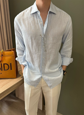 NR先生【亚麻】意式极简风长袖衬衫男休闲通勤透气老钱纯色衬衣潮