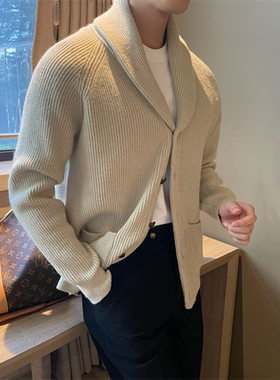厚款青果翻领绅士修身针织开衫休闲纯色单排复古V领粗线毛外套男