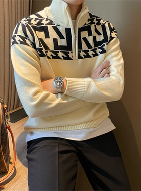 韩国休闲潮流半拉链高领男毛衣落肩袖宽松加厚款几何图拼色针织衫
