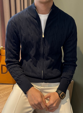 NR先生【含棉】修身提花立领针织开衫男纯色拉链老钱外套秋冬毛衣