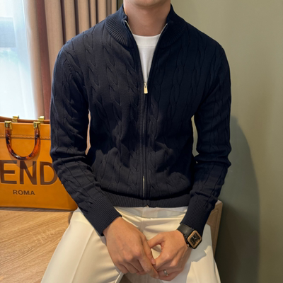 含棉修身提花交织立领针织男开衫