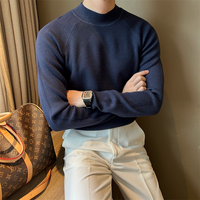 半高领流苏纹理套头式男毛衣