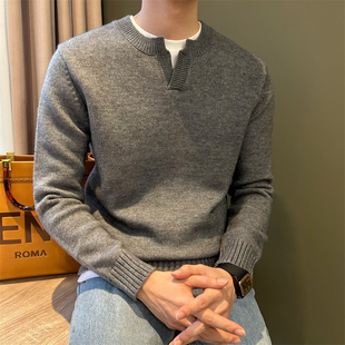 NR先生美式硬汉纯色百搭修身男毛衣v领套头磨毛弹力简约打底针织