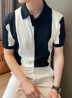 夏季短袖黑白拼色男Polo衫
