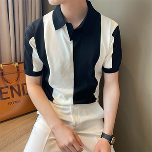 宽松轻熟撞色翻领潮流透气针织 韩版 夏季 冰丝黑白拼色短袖 男Polo衫