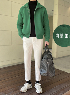 韩版冬季亮绿色系加绒保暖毛衣外套立领厚款潮男士拉链针织衫夹克
