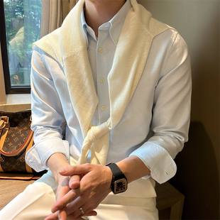轻熟衬衫 韩版 纯色大方领简约男衬衣帅气牛津纺复古扣式 修身 潮 长袖