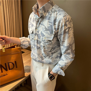 口袋设计款 NR先生尖扣式 男修身 迷彩色衬衫 休闲潮流型男衬衣 领长袖