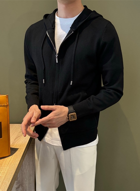 NR先生黑色休闲针织连帽卫衣男长袖修身简约百搭薄款外套青年上衣