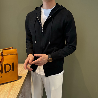 NR先生黑色休闲针织连帽卫衣男长袖修身简约百搭薄款外套青年上衣