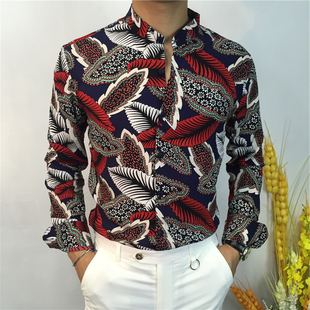 潮流男士修身韩版微立领印花衬衣休闲时尚款长袖中山领美发师衬衫