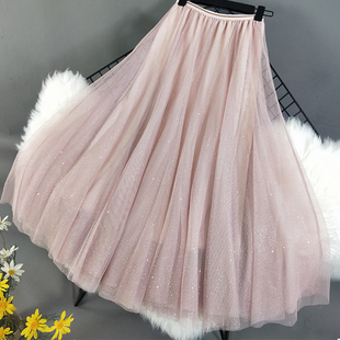 适合胯大腿粗的裙子女半身裙chic温柔很仙的高腰中长款星星网纱裙