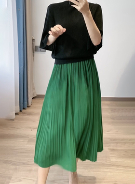 绿色半身裙小个子女百褶裙春夏新款褶皱裙子2025夏季高级紫色长裙