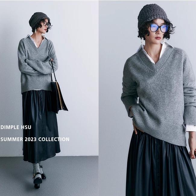 集邮多色纯羊绒针织衫大V领