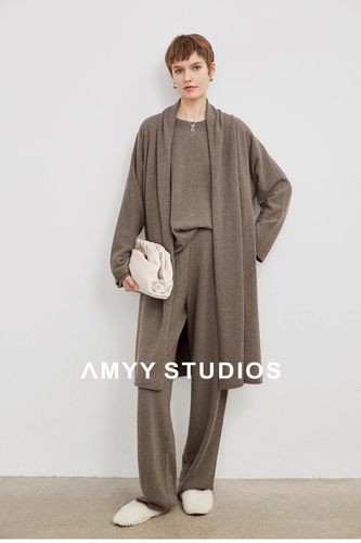 羊绒针织开衫套装秋冬慵懒风直筒裤针织外套两件套