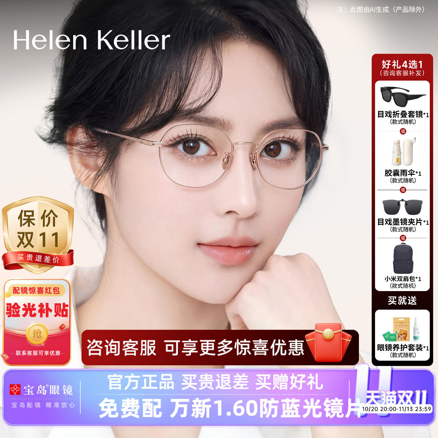 刘诗诗同款海伦凯勒近视眼镜框女款文艺圆框可配防蓝光镜架H9376