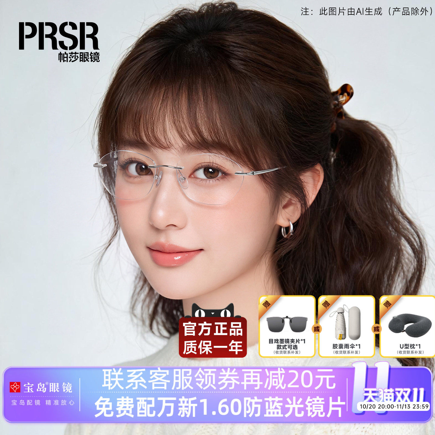 帕莎眼镜框女士优雅轻盈无框眼镜架可配近视镜片宝岛PJ79020