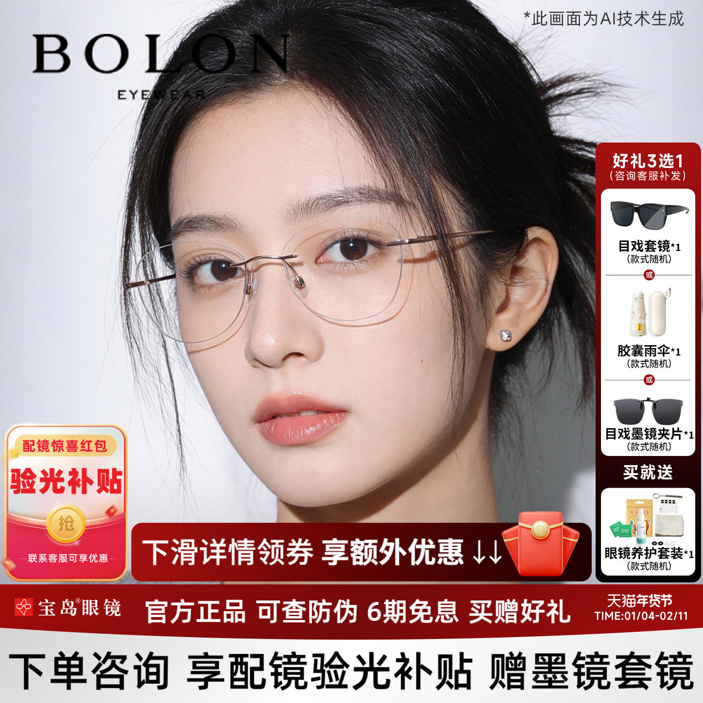 暴龙无框近视眼镜架蝶形钛合金气质可配度数镜片光学镜框女BT1592