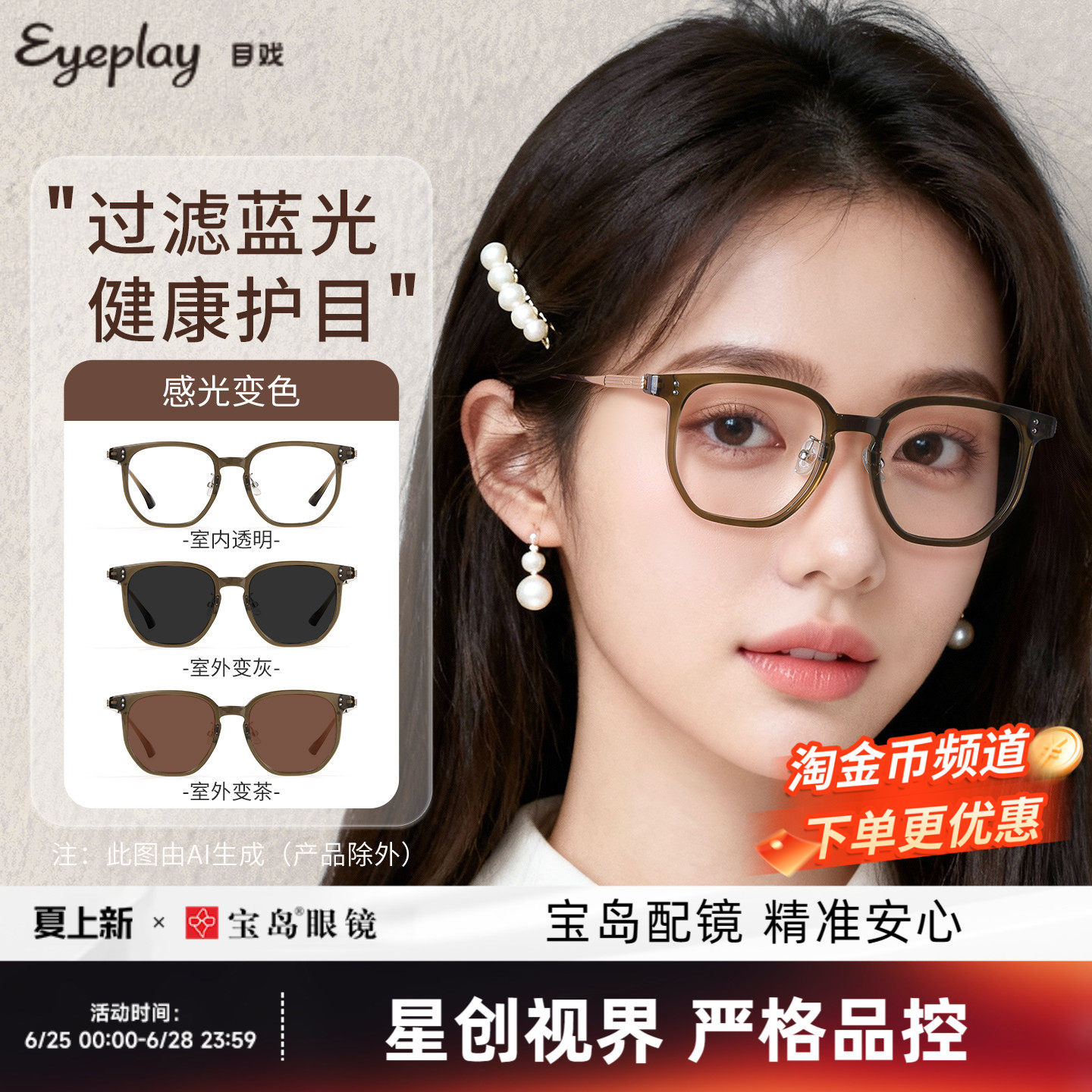 目戏冷茶色眼镜可选变色眼镜防蓝光辐射护眼平光镜无度数女71003G