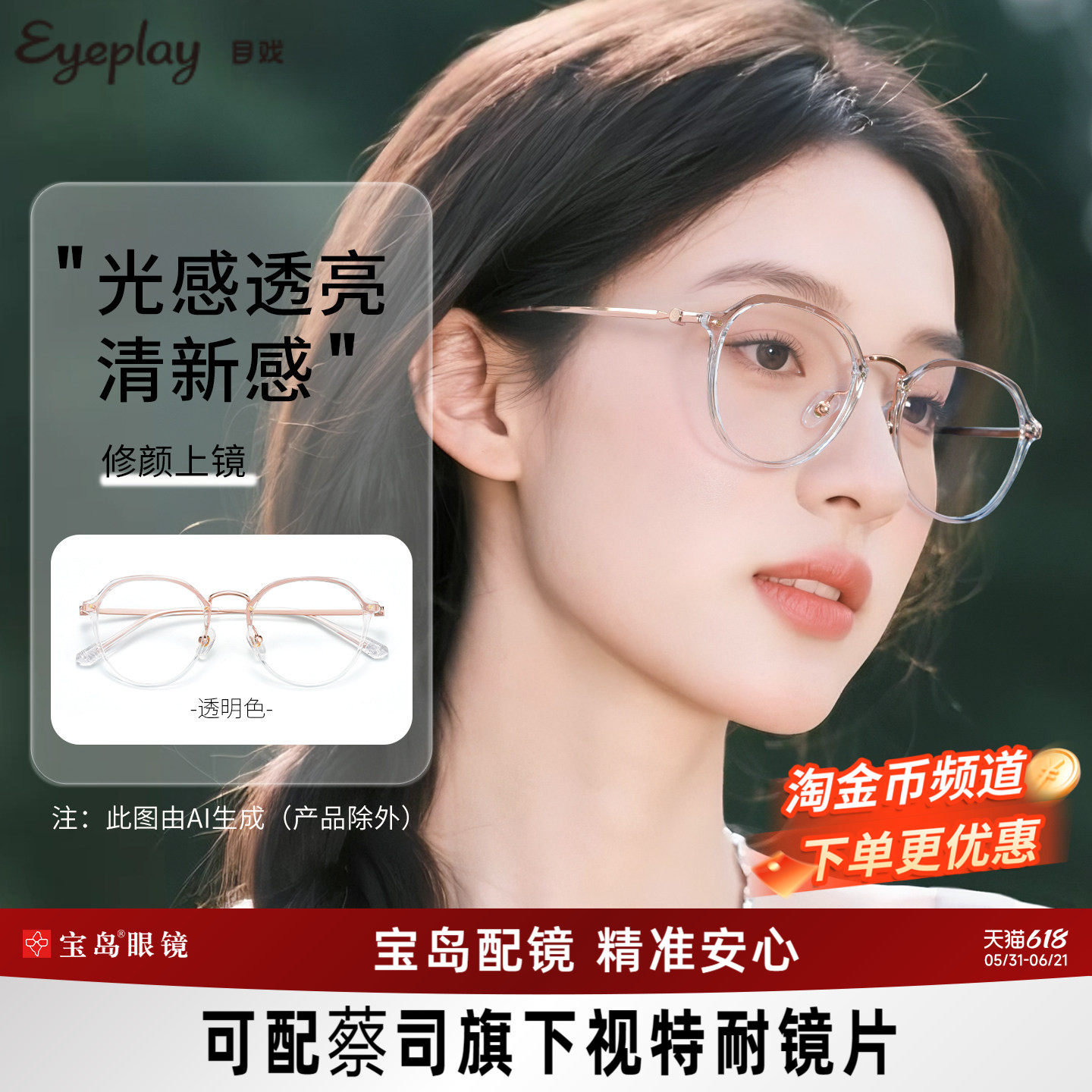 目戏透明色眼镜近视女可配度数可选防蓝光眼镜框镜架男5018C4