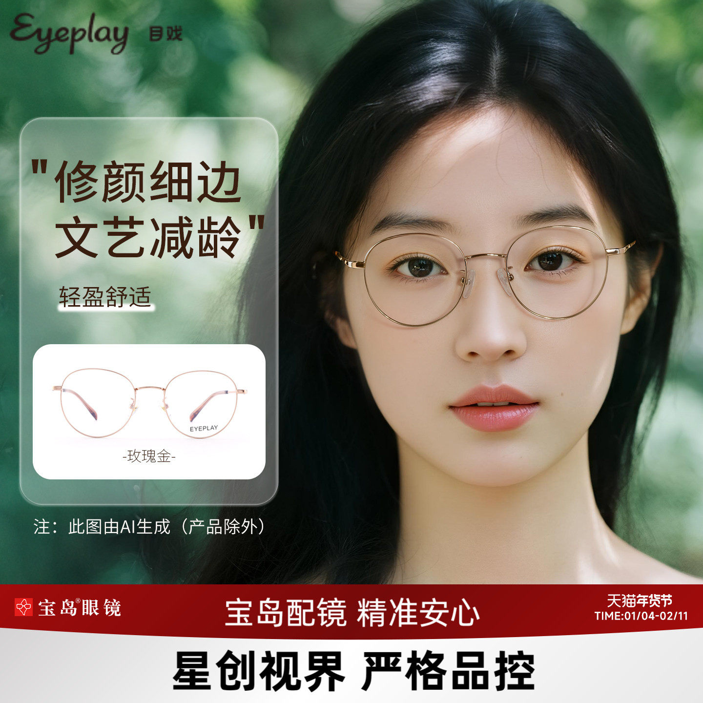 目戏轻盈钛合金镜腿近视眼镜女小框文艺圆框可配1.67轻薄镜片1059