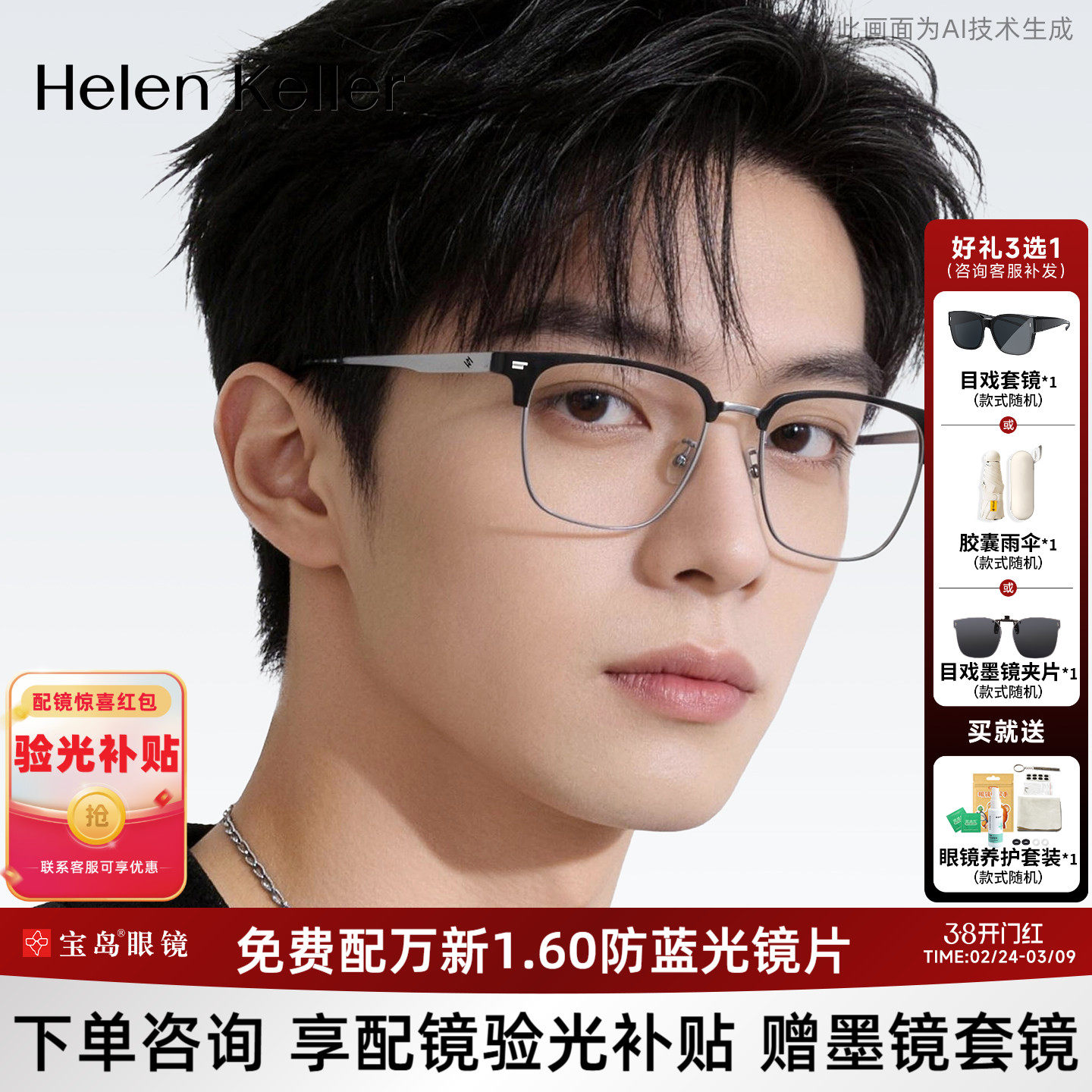 海伦凯勒近视眼镜框钛合金镜腿时尚商务眉框男士光学镜架H85037