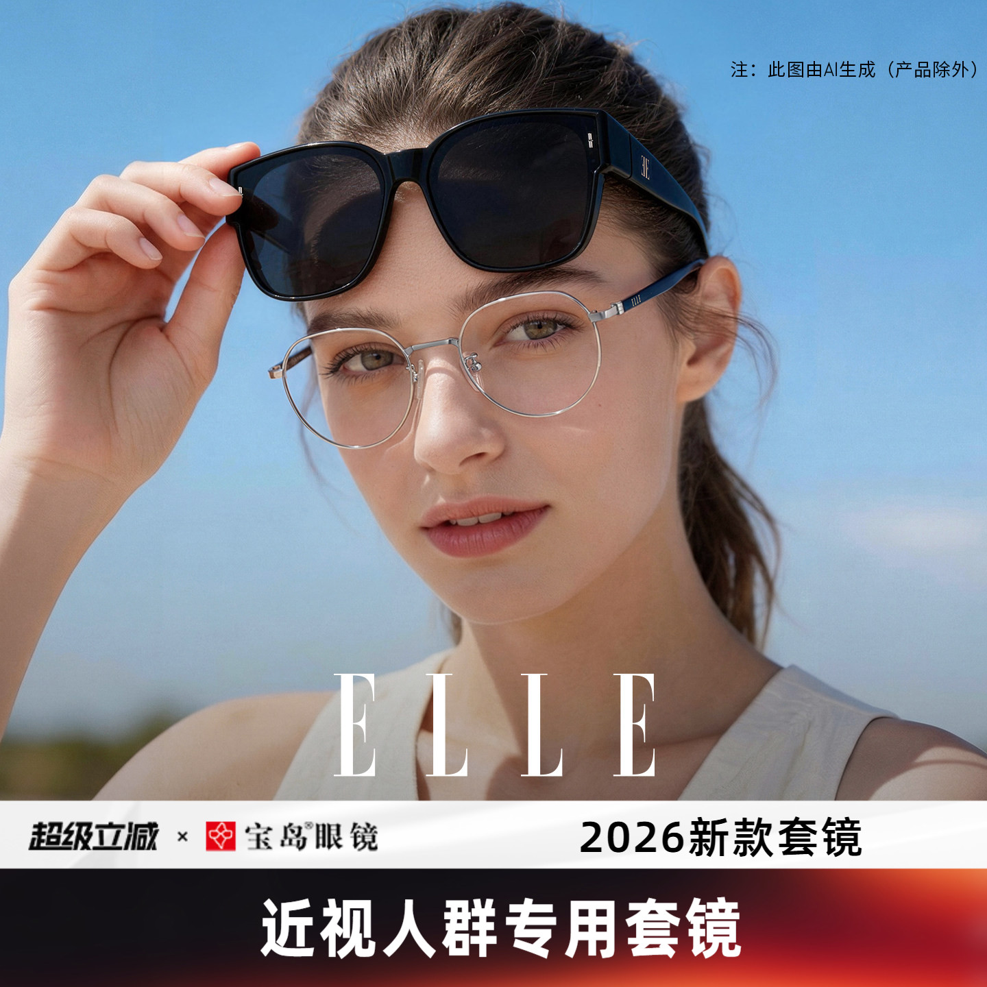 ELLE墨镜可套近视镜女防紫外线2026新款太阳眼镜近视开车专用5005