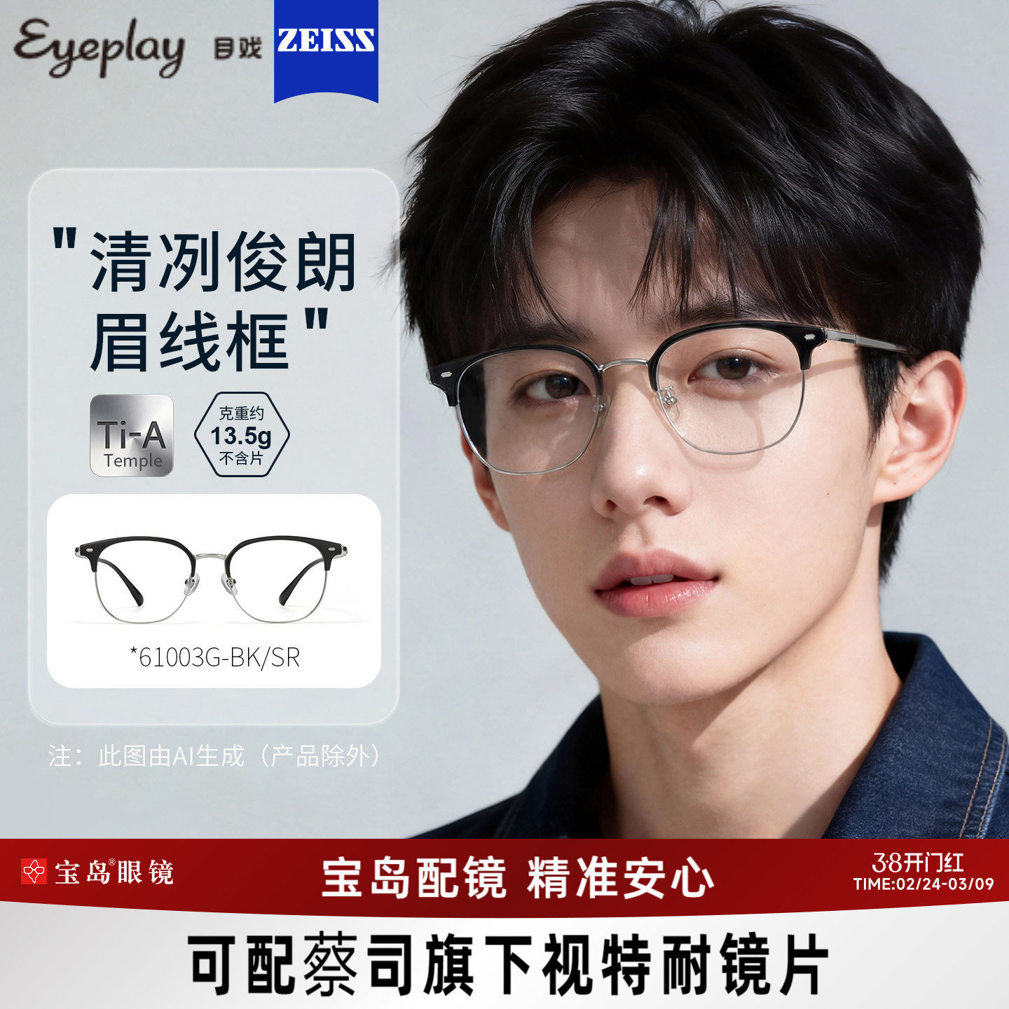 目戏时尚眉框眼镜男可配镜片