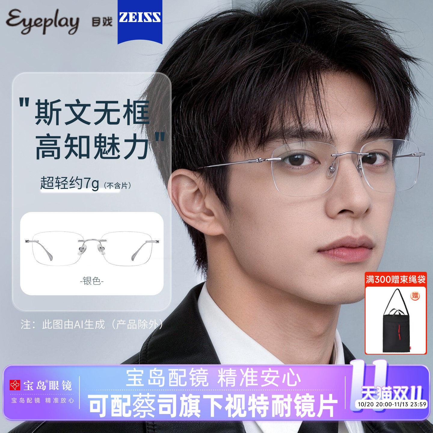 目戏气质商务无框眼镜男可配度数
