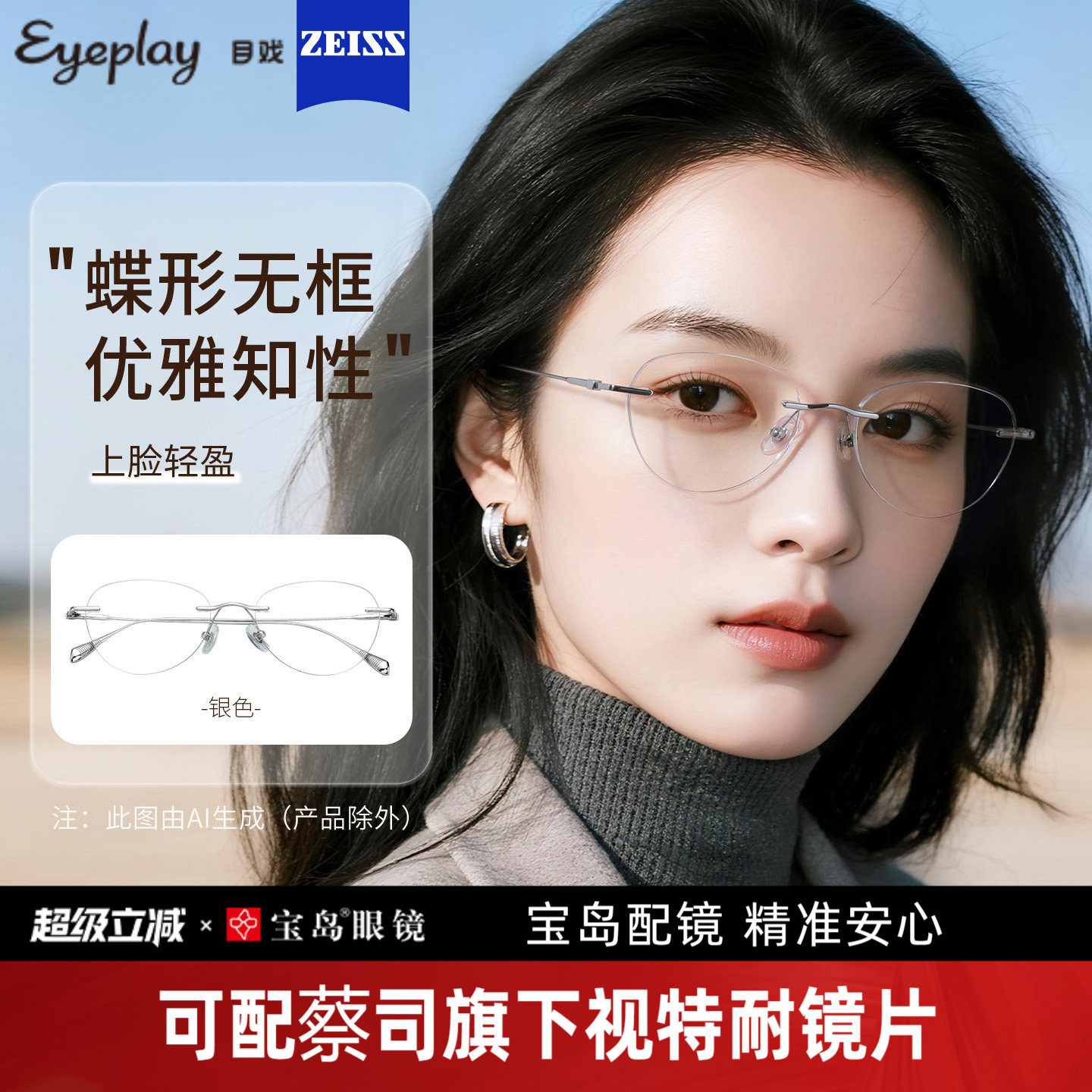 目戏无边框近视眼镜女可配度数无框眼镜框镜架轻盈23003