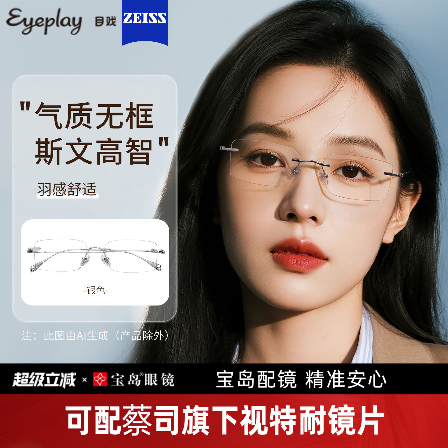 目戏无边框近视眼镜女可配度数可选蔡司镜片无框眼镜框镜架23005