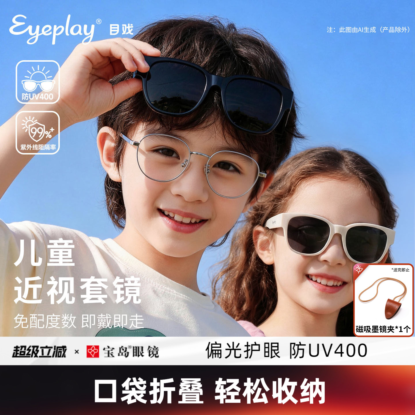 目戏儿童墨镜折叠套镜防晒偏光图片