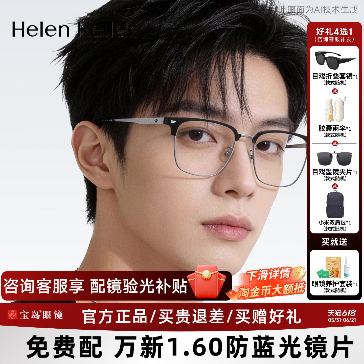 海伦凯勒近视眼镜框钛合金镜腿时尚商务眉框男士光学镜架H85037