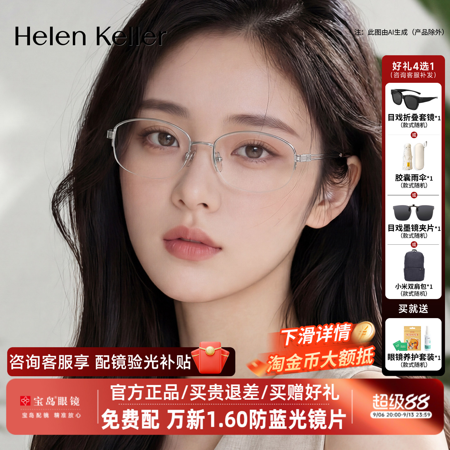 海伦凯勒近视眼镜框高智感老钱风钛合金椭圆半框镜架男女H93805