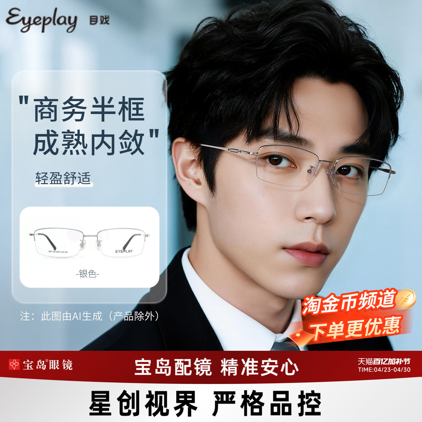 目戏半框眼镜钛合金镜腿防蓝光辐射男士商务可配近视度数宝岛1014