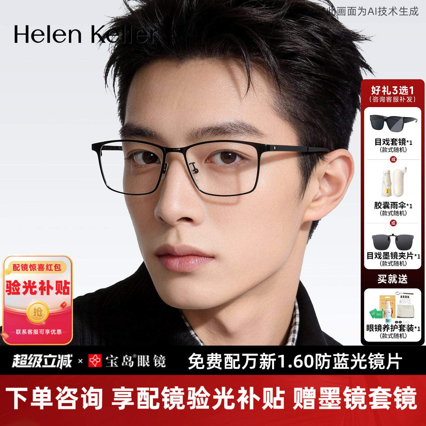 海伦凯勒眼镜框男可配镜片黑框近视眼睛架商务方框眼镜H23035