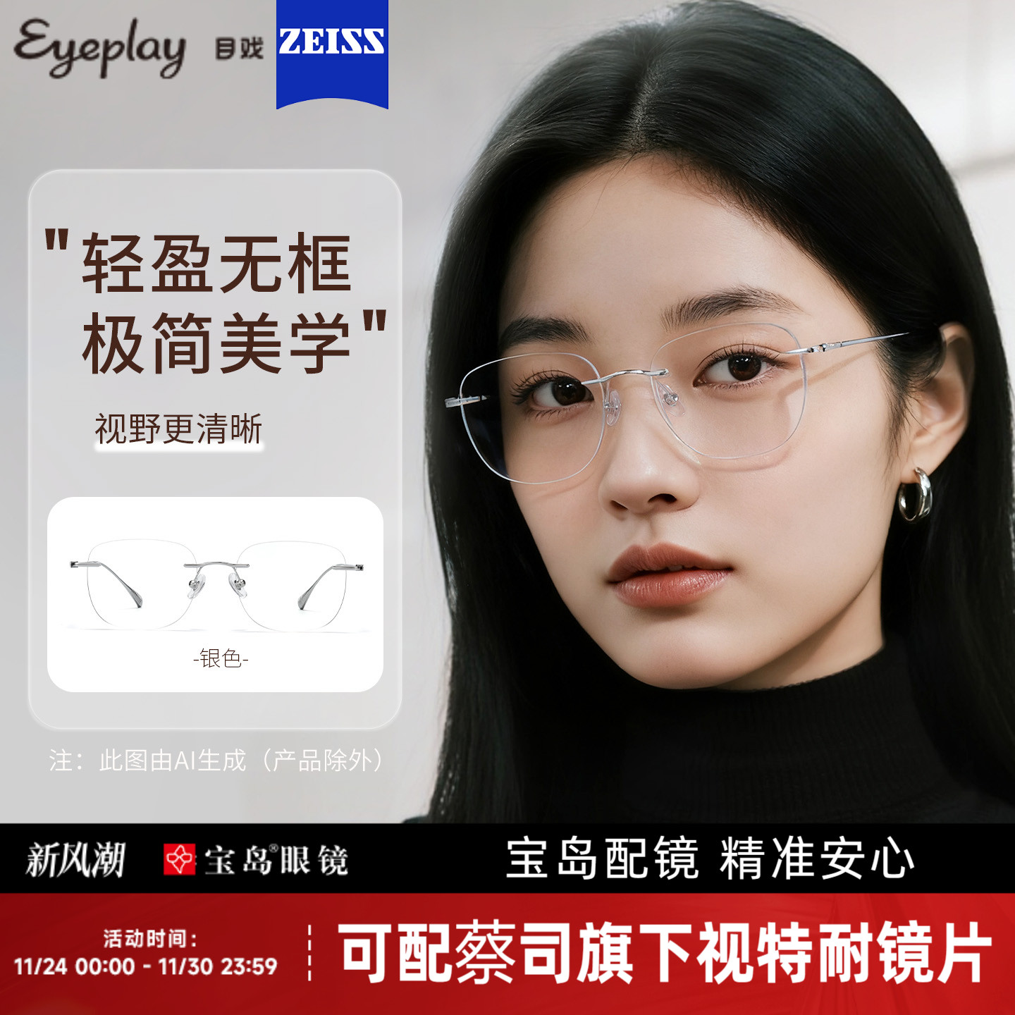 目戏清冷无框近视眼镜女