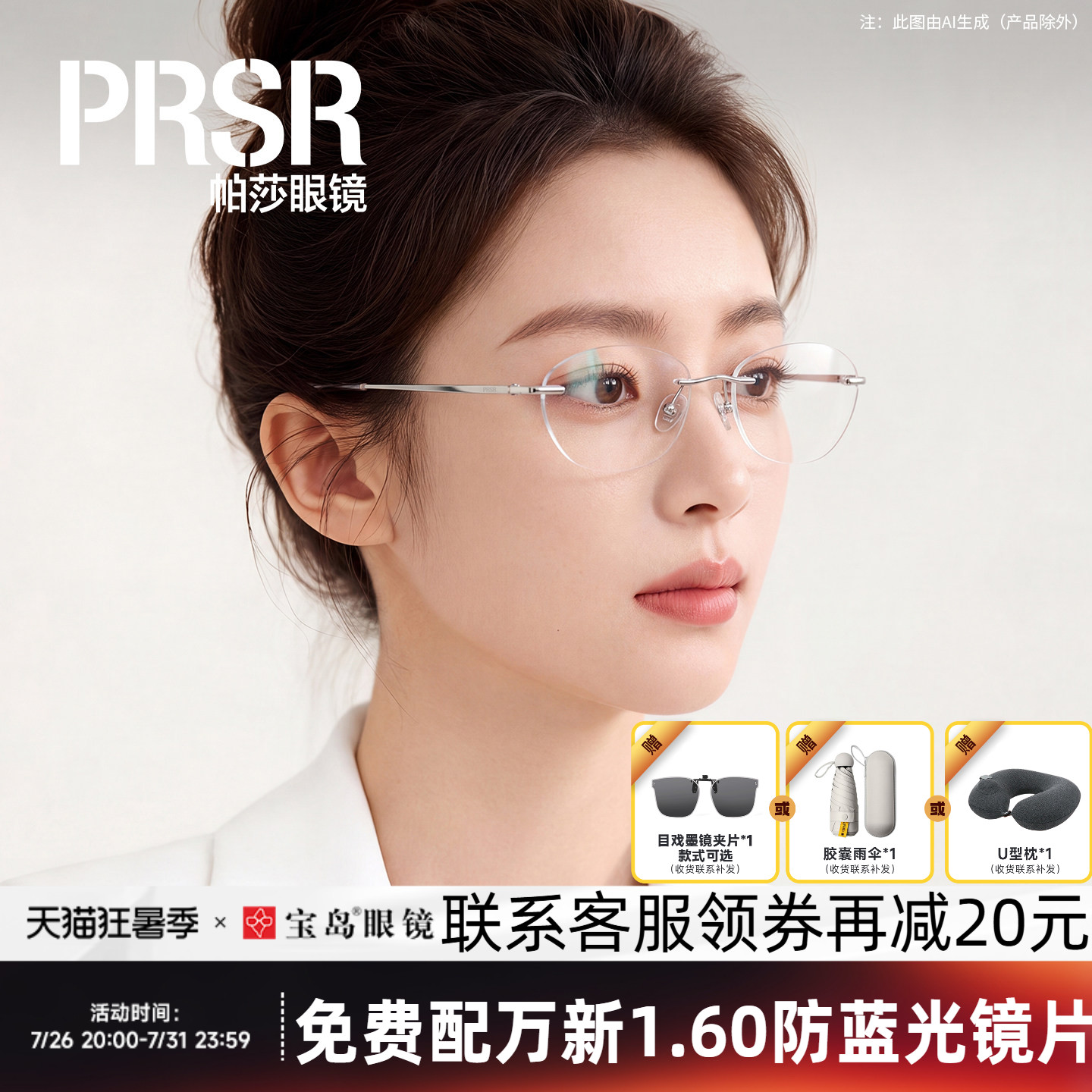 帕莎眼镜框女士优雅轻盈无框眼镜架可配近视镜片宝岛PJ79020