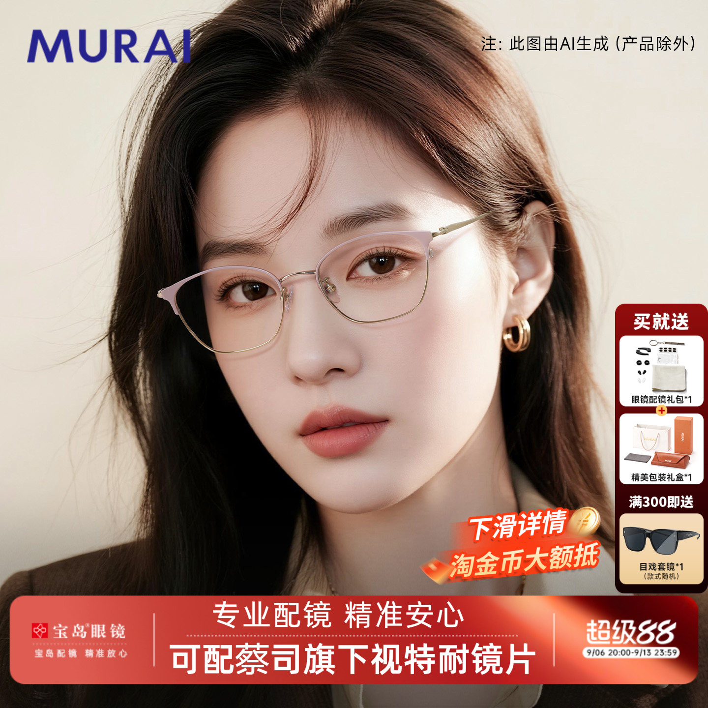 MURAI近视眼镜女时尚复古高级感钛合金腿镜框眼镜女可配度数近视