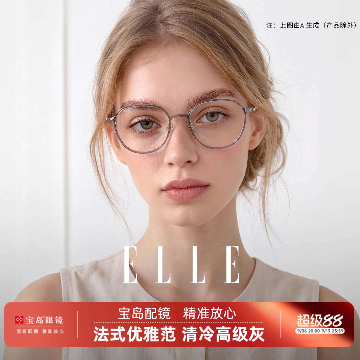 ELLE巴黎轻羽系列超轻8g方圆框眼镜女近视可配度数素颜眼镜架6023